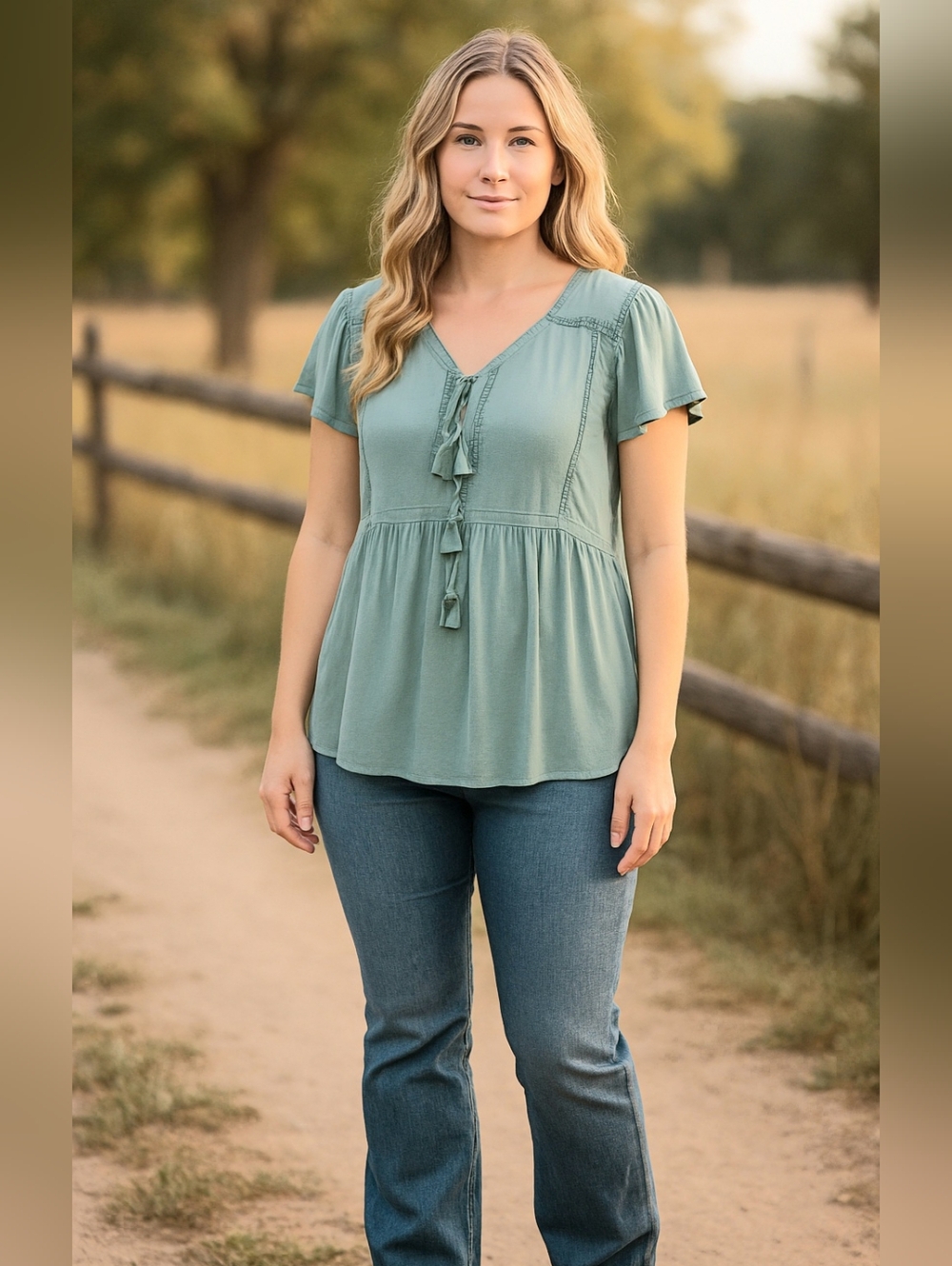 Blue Sage Flowy Boho Pull-on Top w/ Flutter Cap Sleeves & Tassled Ties Country